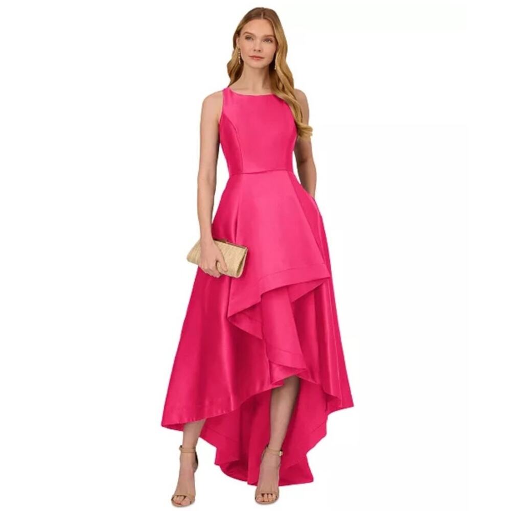 NWT Adriana Papell Hot Pink High Low Chiffon Mikado Ruffle Gown Dress Size 4